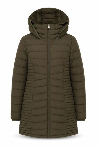 DKNY Women’s Green XS Long Hooded Quilted Puffer Coat
