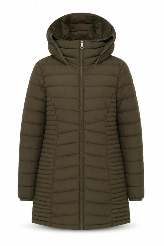 DKNY Women’s Green XS Long Hooded Quilted Puffer Coat