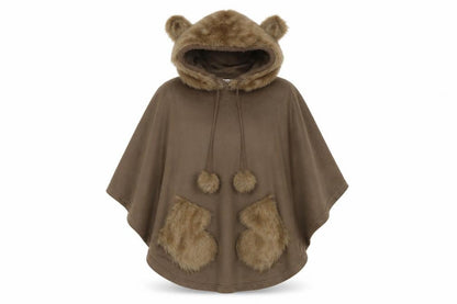 Next Women Brown XS Hooded Faux Fur Trim Fleece Robe Poncho