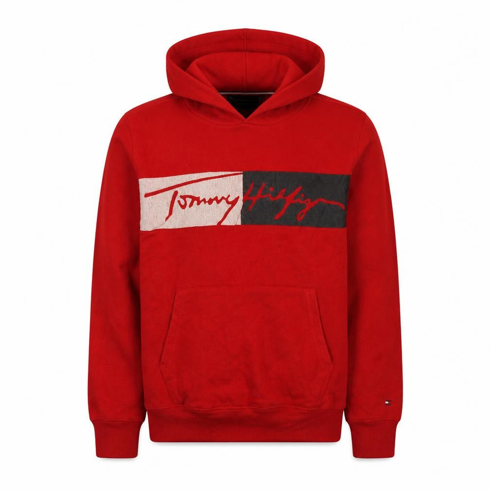 Front view of Tommy Hilfiger boys’ red hoodie 16 years pullover fleece graphic logo