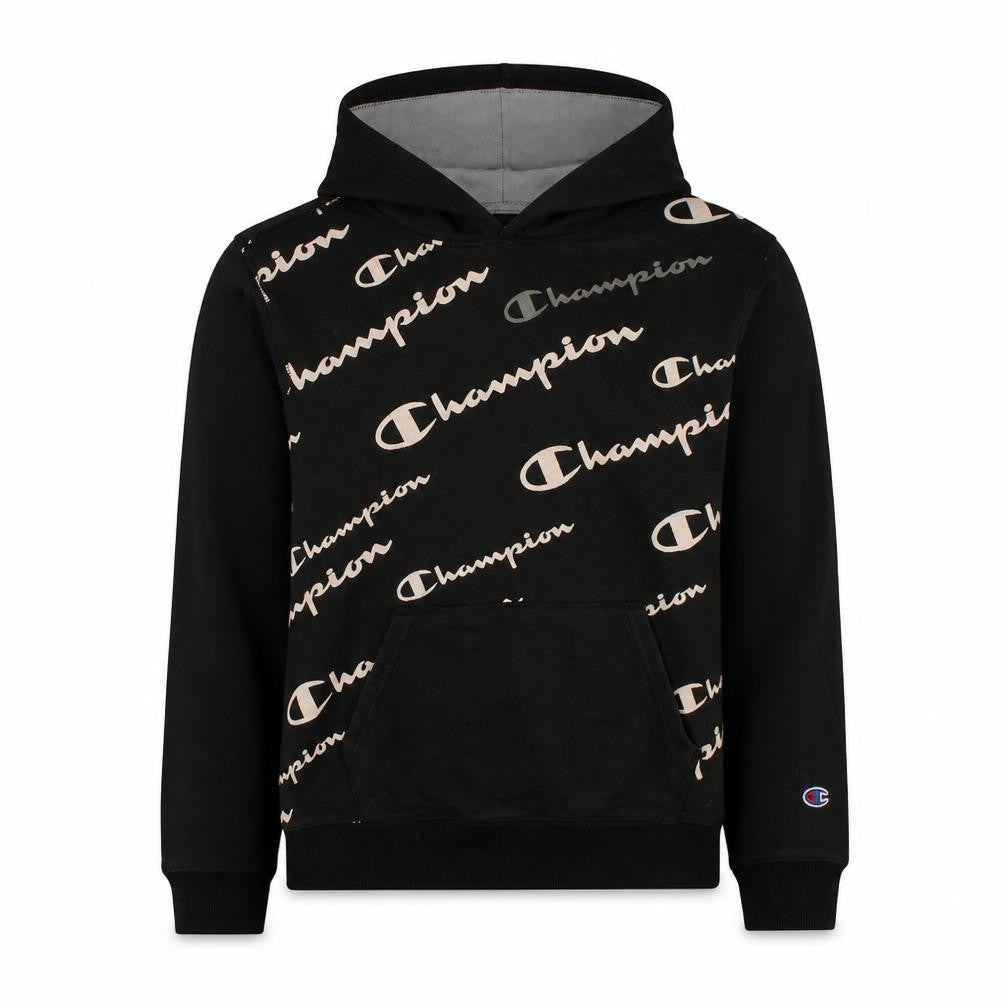 Front view of Champion boys’ black xl pullover fleece hoodie with logo print