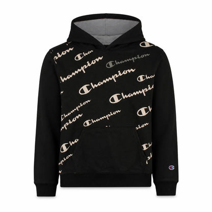 Front view of Champion boys’ black xl pullover fleece hoodie with logo print