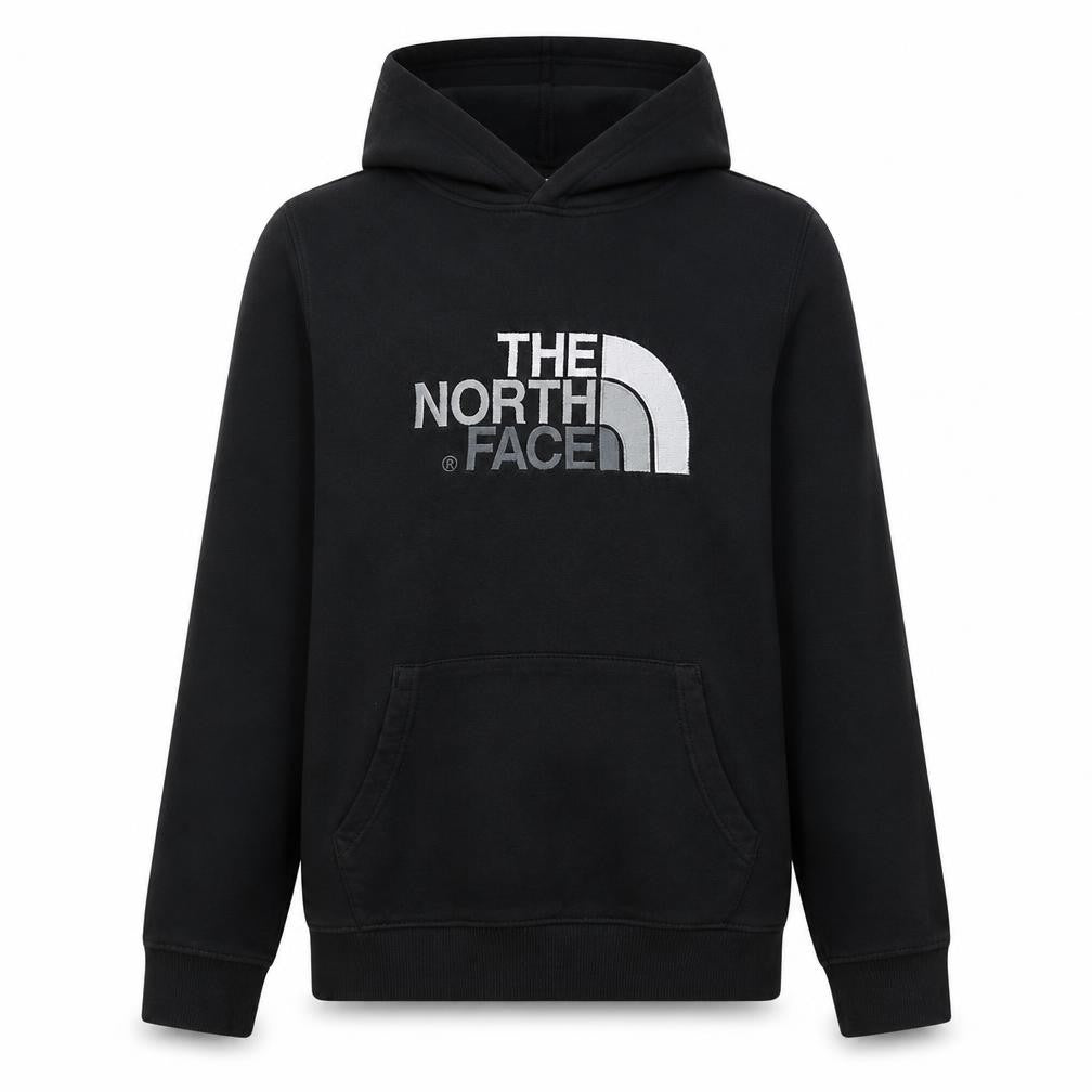 Front view of The North Face boys’ black pullover hoodie xl cotton logo sweatshirt