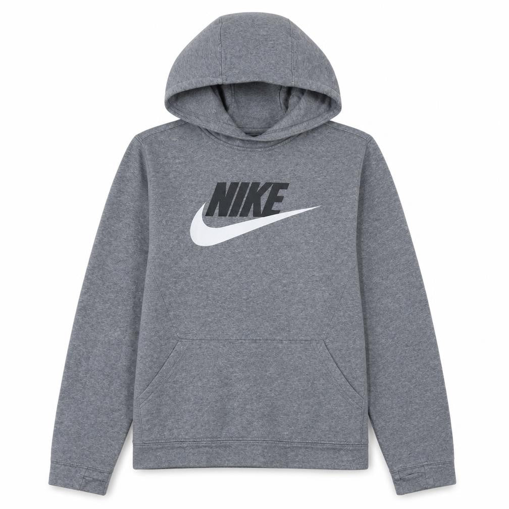 Front view of Nike boys’ grey xl pullover hoodie with logo print fleece sweatshirt