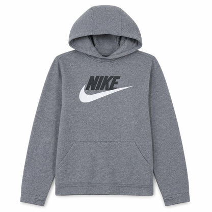 Front view of Nike boys’ grey xl pullover hoodie with logo print fleece sweatshirt