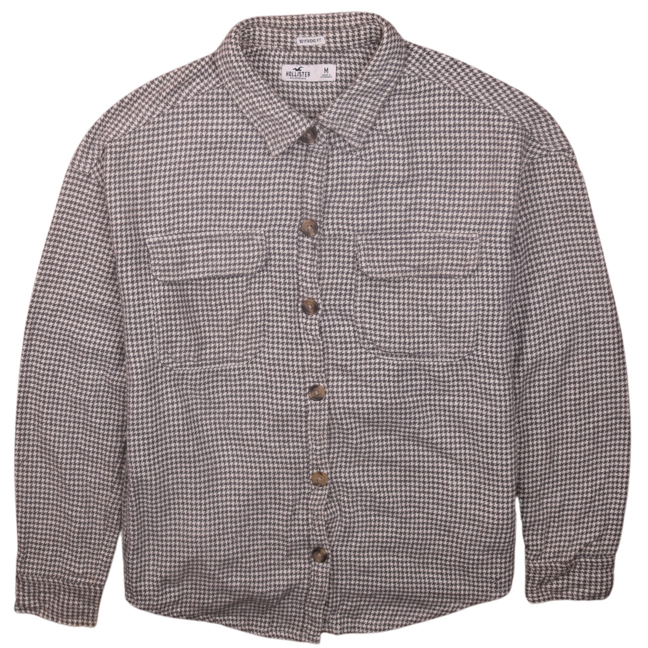 Hollister Women Grey Houndstooth Button-Up Shirt Medium