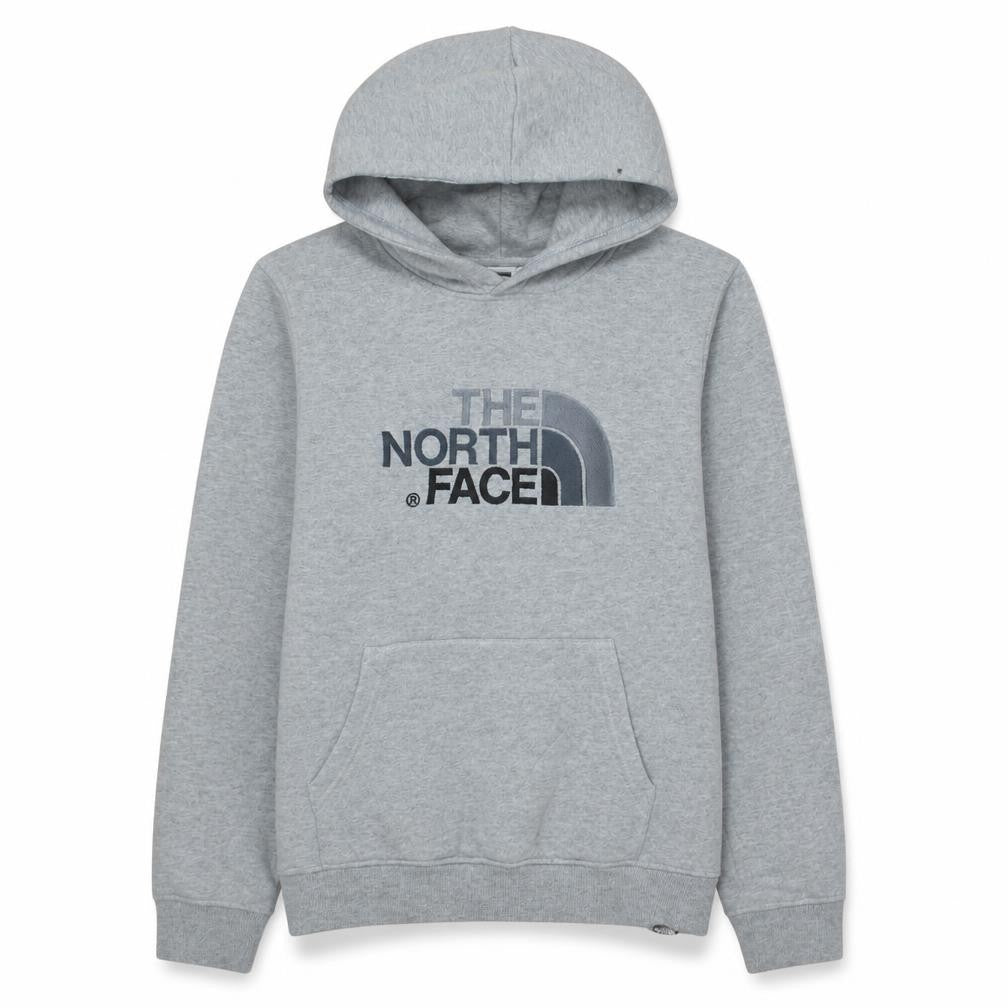 Front view of The North Face boys’ grey xl pullover hoodie fleece logo sweatshirt