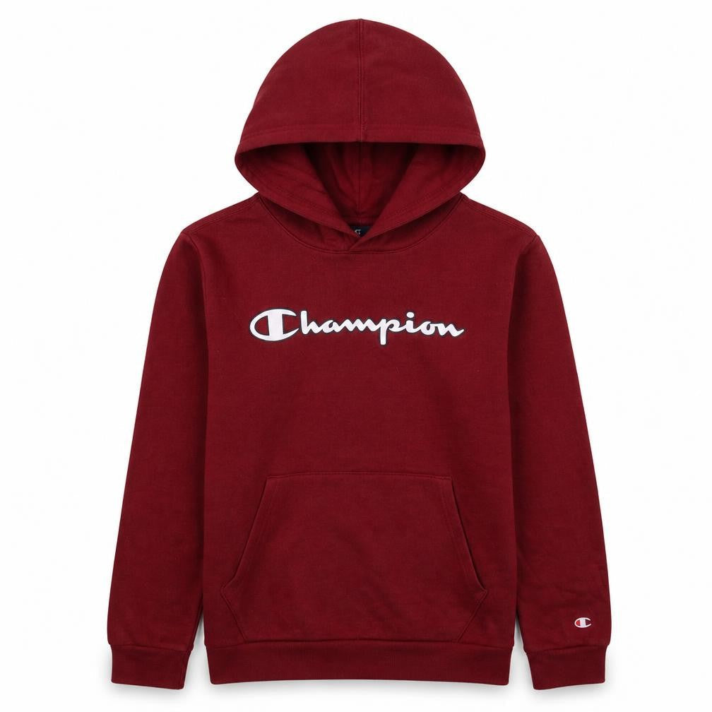Front view of Champion boys’ red pullover hoodie 13-14 years graphic logo fleece