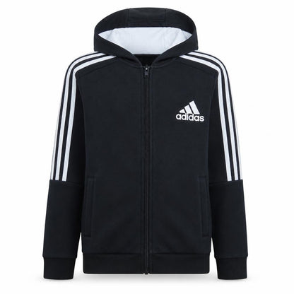 Front view of Adidas boys’ black full zip hoodie, size 13-14, years cotton blend sportswear