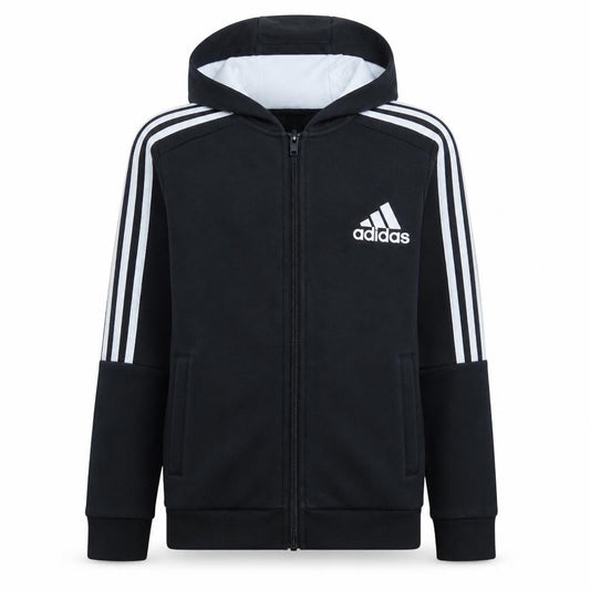 Front view of Adidas boys’ black full zip hoodie, size 13-14, years cotton blend sportswear