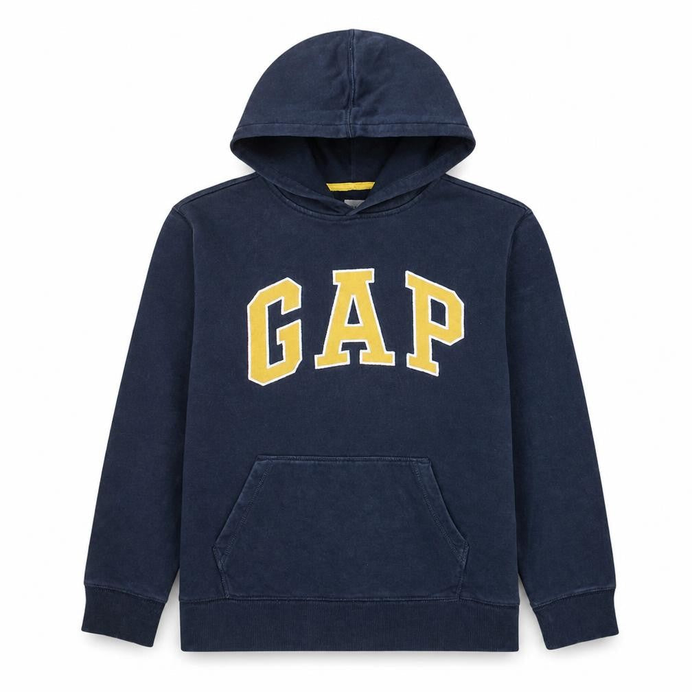 Front view of Gap boys’ blue pullover hoodie 14-16 years logo fleece sweatshirt