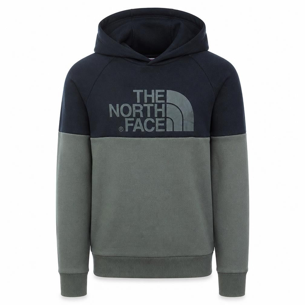 Front view of The North Face boys’ green pullover hoodie l colourblock logo sweatshirt