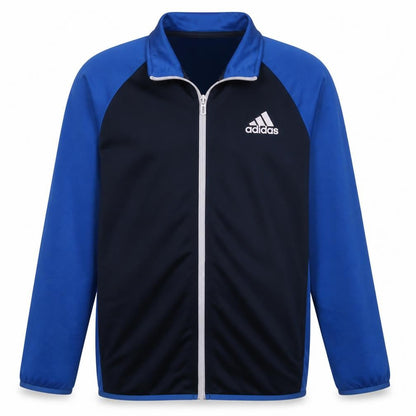 Front view of Adidas boys’ blue full zip sweatshirt, size 13-14, years classic fit