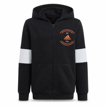 Front view of Adidas boys’ black full zip hoodie 11-12 years cotton blend sportswear