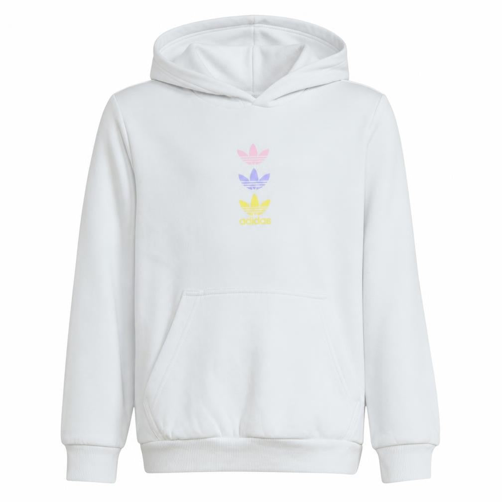 Front view of Adidas girls’ white hooded pullover sweatshirt 11-12 years graphic print