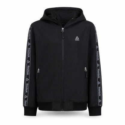 Front view of Reebok boys’ black full zip hoodie 14-16 years sports logo hooded top