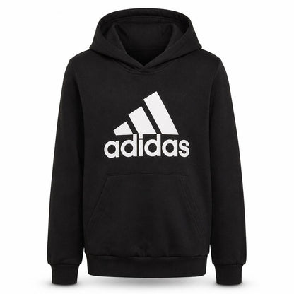 Front view of Adidas boys’ black pullover hoodie 13-14 years classic logo cotton blend