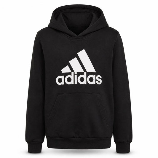 Front view of Adidas boys’ black pullover hoodie 13-14 years classic logo cotton blend