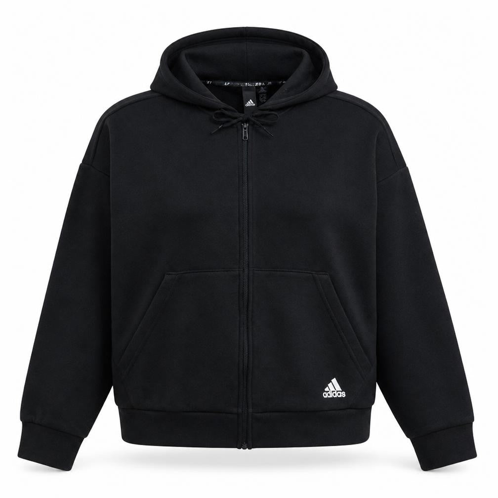 Front view of Adidas women’s black full zip hoodie, size L, 16-18 hooded sweatshirt