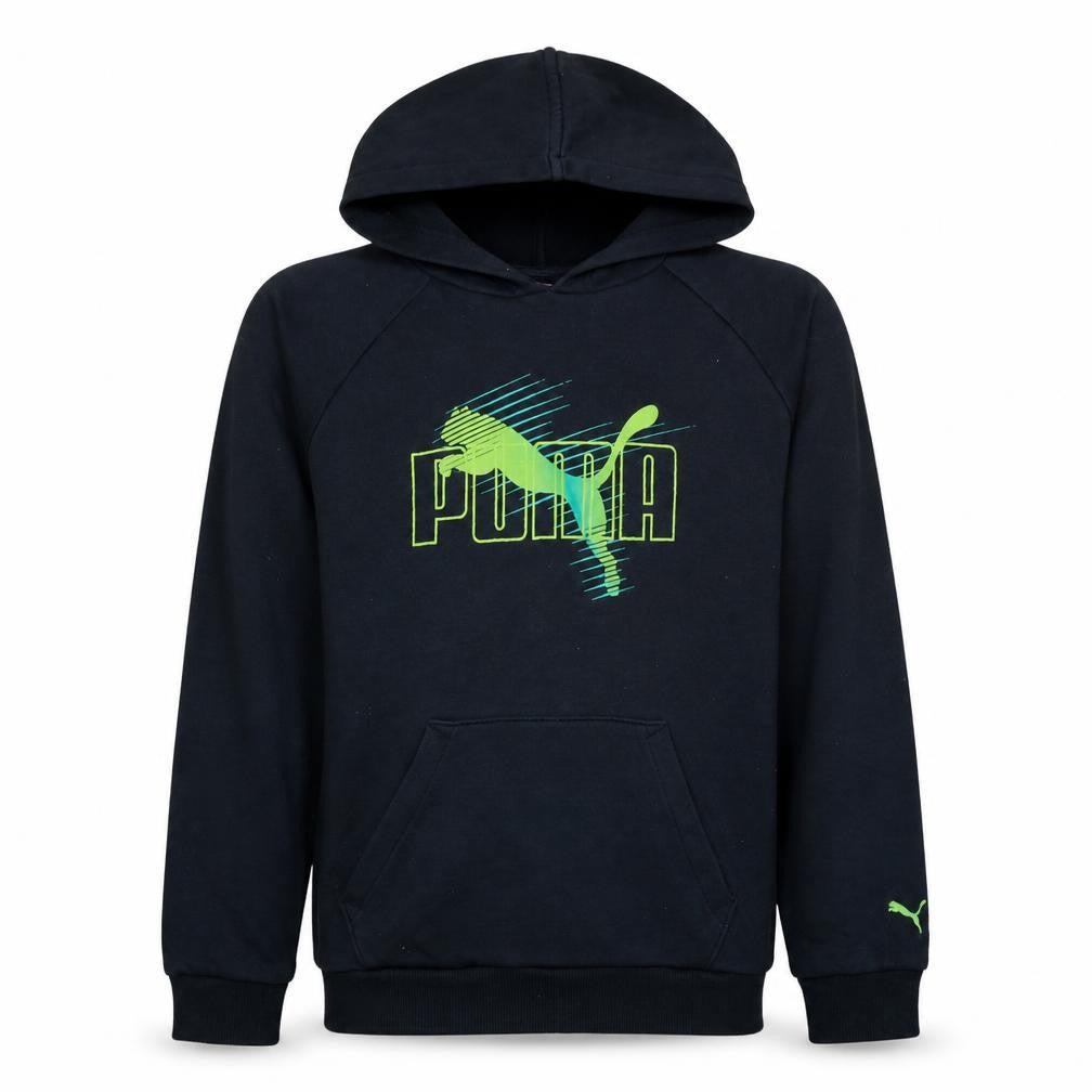 Front view of Puma boys’ black pullover hoodie 14 years graphic logo fleece sweatshirt