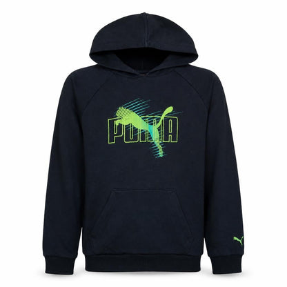 Front view of Puma boys’ black pullover hoodie 14 years graphic logo fleece sweatshirt