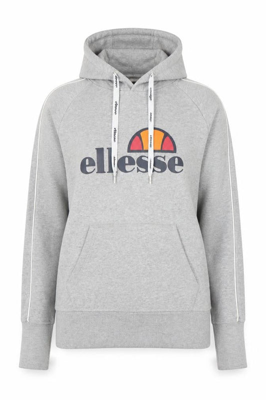 Front view of Ellesse women’s grey hoodie, size UK 10, pullover logo sweatshirt