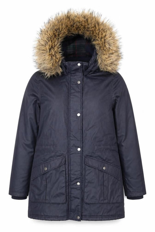 Harvey & Jones Womens Blue Parka Coat 8 Faux Fur Hood Lined Winter Jacket