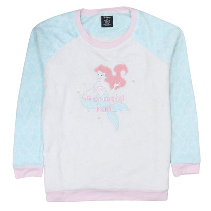 Disney Women’s XL Fleece Pyjama Top Ariel Mermaid Hair White Blue