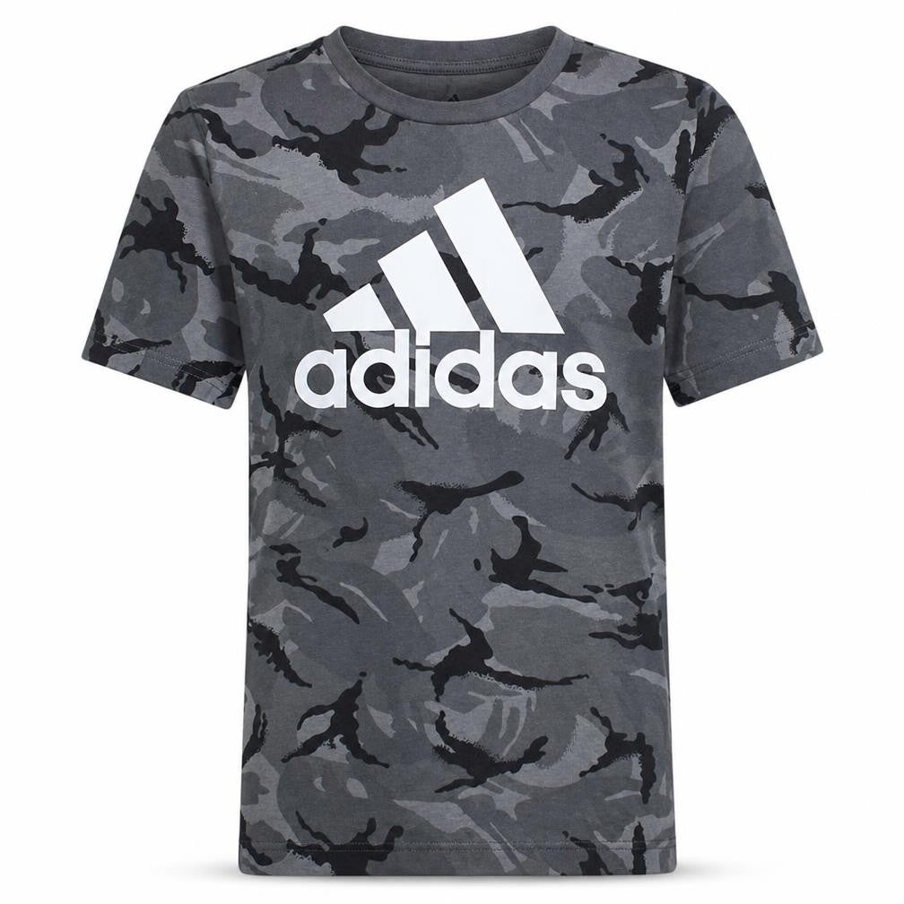 Front view of adidas Men's Grey Camouflage Crew Neck Short Sleeve T-Shirt, size S