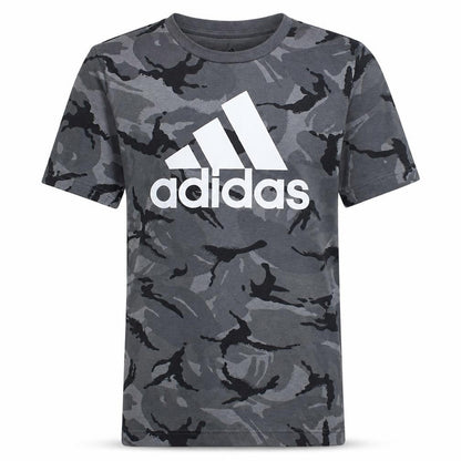 Front view of adidas Men's Grey Camouflage Crew Neck Short Sleeve T-Shirt, size S