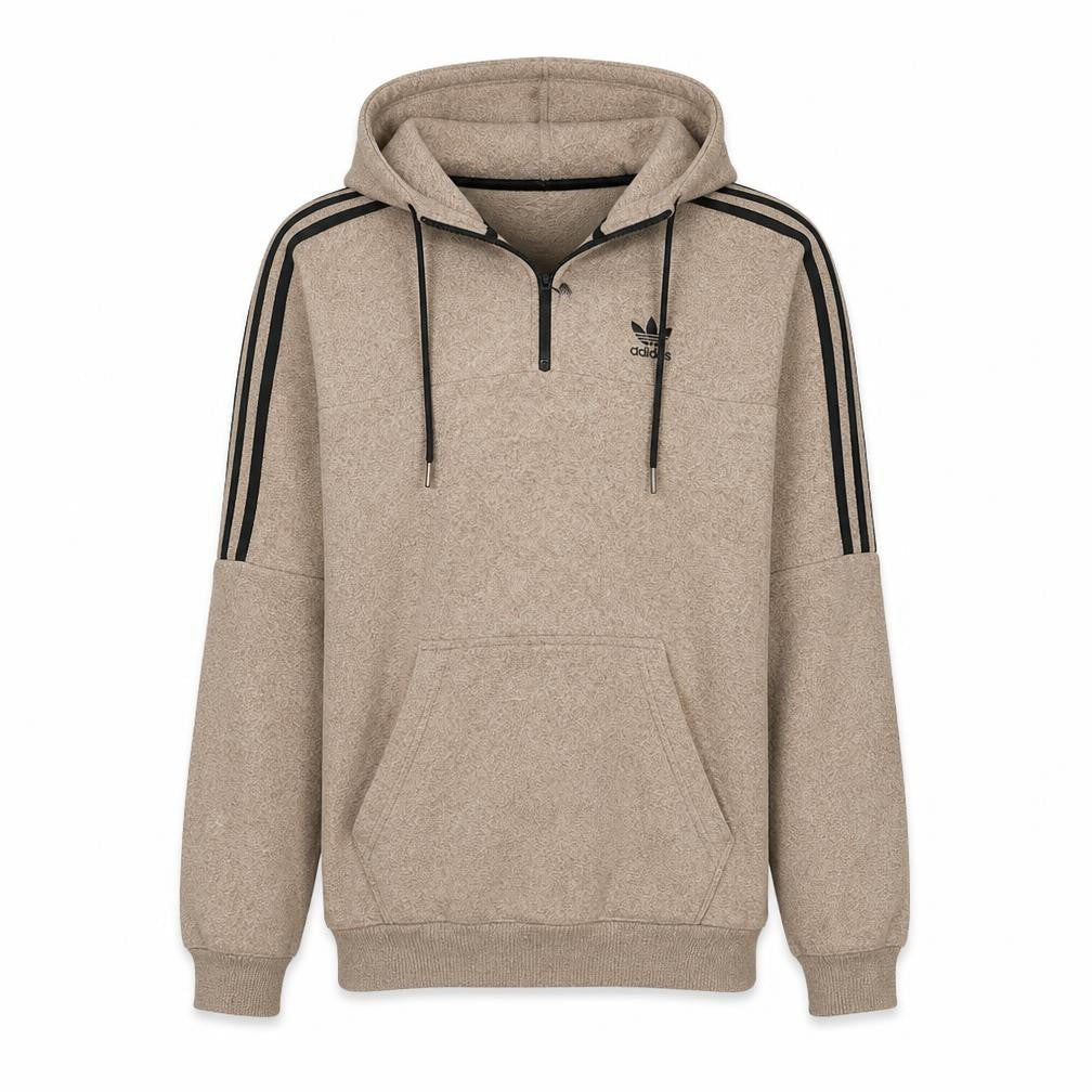 Front view of Adidas Men's Beige 1/2 Zip Hoodie, size S, Fleece Sportswear