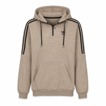 Front view of Adidas Men's Beige 1/2 Zip Hoodie, size S, Fleece Sportswear