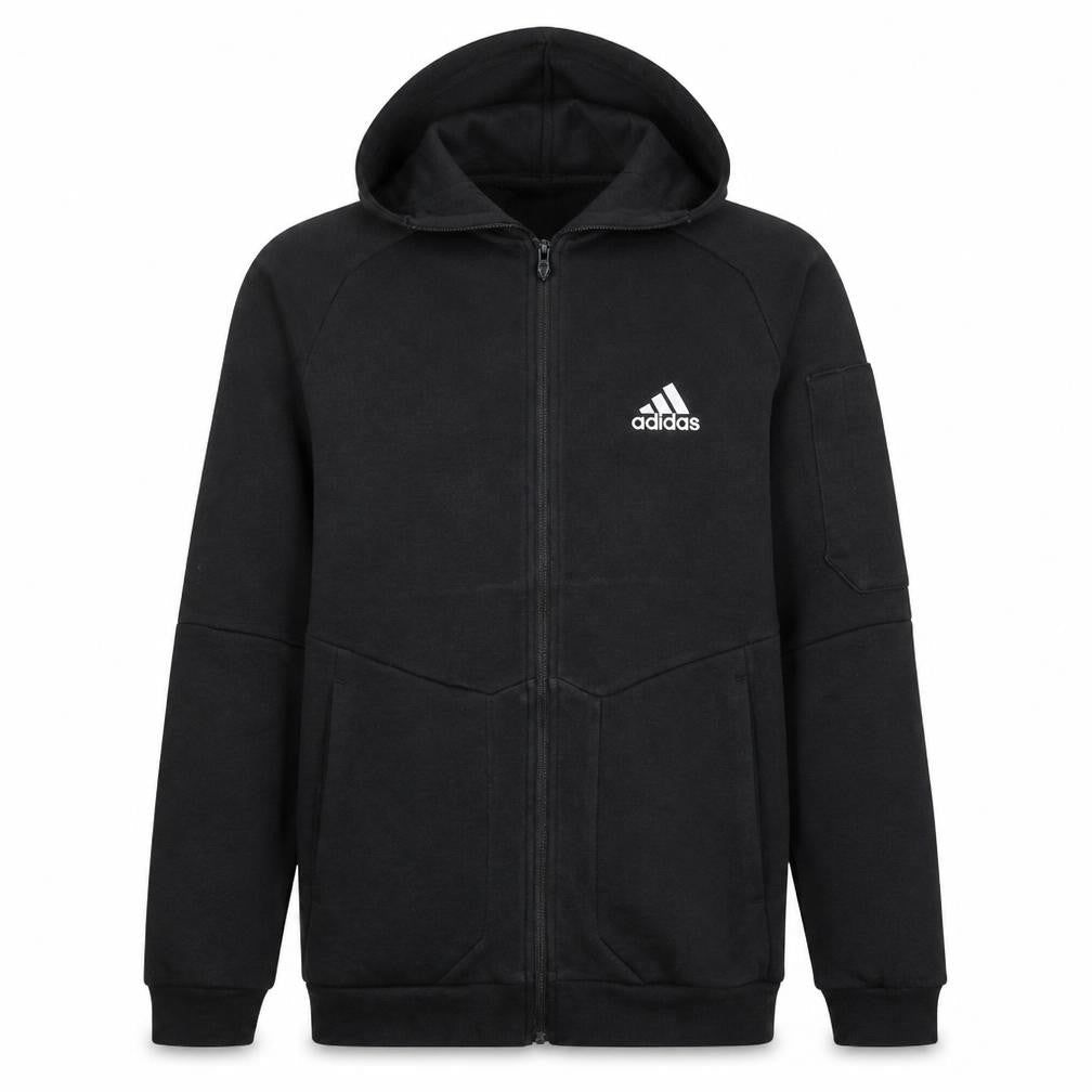Front view of Adidas Men’s Black Full Zip Hoodie, size S, Fleece Hooded Sweatshirt
