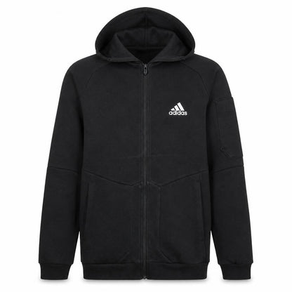 Front view of Adidas Men’s Black Full Zip Hoodie, size S, Fleece Hooded Sweatshirt