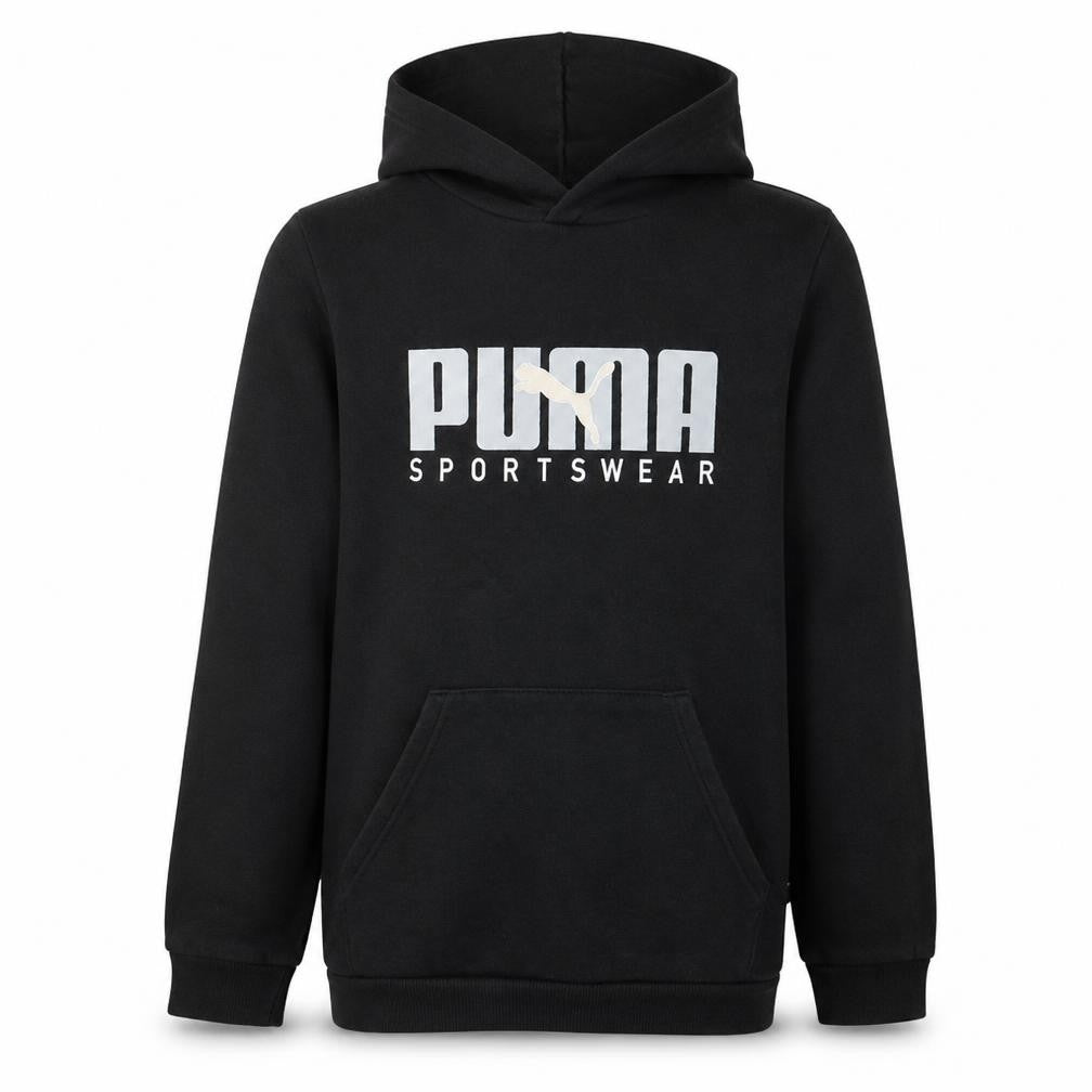 Front view of Puma boys’ black pullover hoodie 15-16 years sportswear logo long sleeve