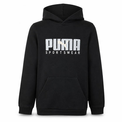 Front view of Puma boys’ black pullover hoodie 15-16 years sportswear logo long sleeve