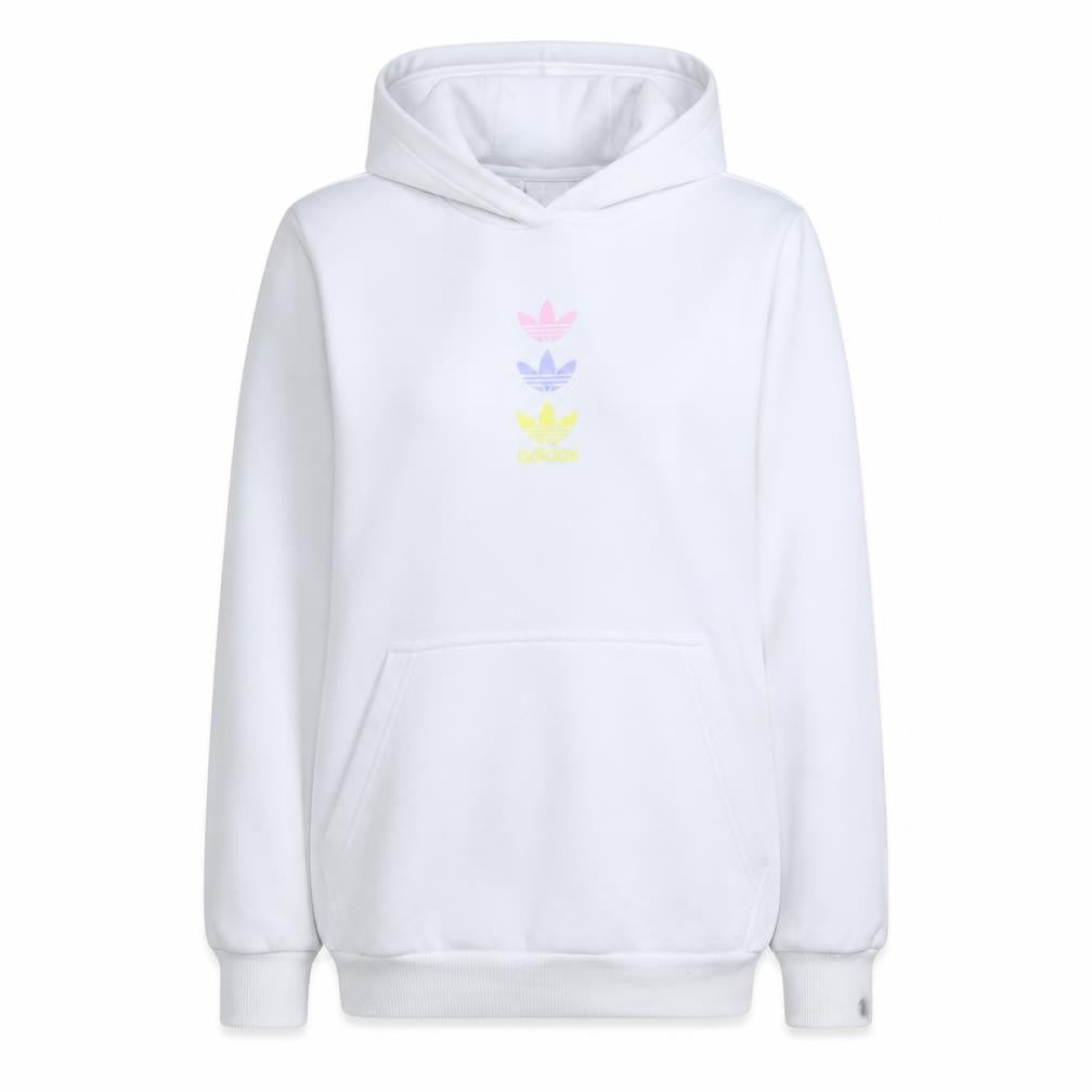 Front view of Adidas Teens White Pullover Hoodie with Triple Trefoil Logo, size 13-14Y