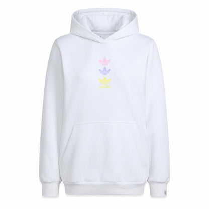 Front view of Adidas Teens White Pullover Hoodie with Triple Trefoil Logo, size 13-14Y