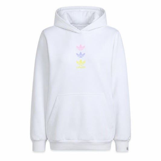 Front view of Adidas Teens White Pullover Hoodie with Triple Trefoil Logo, size 13-14Y