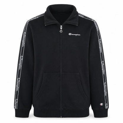 Front view of Champion boys’ black full zip sweatshirt, size 13-14, years logo tape classic