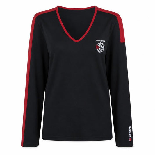 Reebok Womens Black Red V-Neck Long Sleeve Cotton Sports Top Size 18