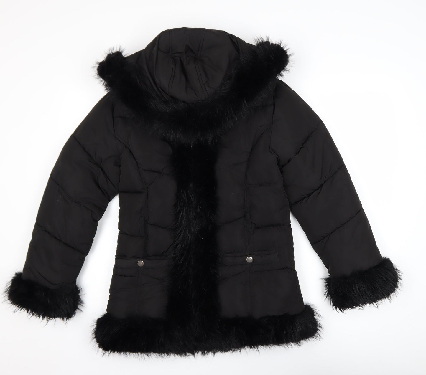 River Island Girls Black Faux Fur Trim Hooded Puffer Coat 11-12 Years