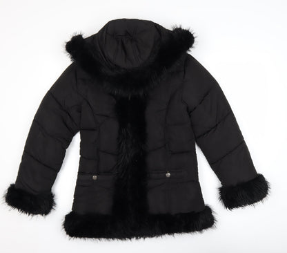 River Island Girls Black Faux Fur Trim Hooded Puffer Coat 11-12 Years