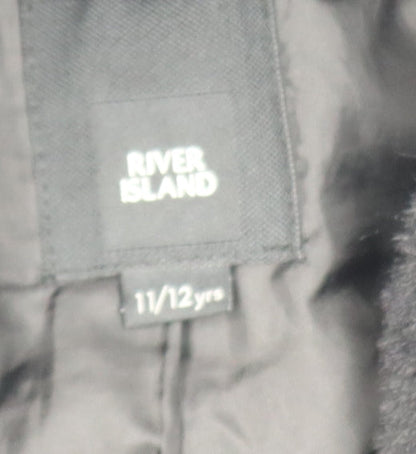 River Island Girls Black Faux Fur Mid-Length Coat 11-12 Years Lined Winter
