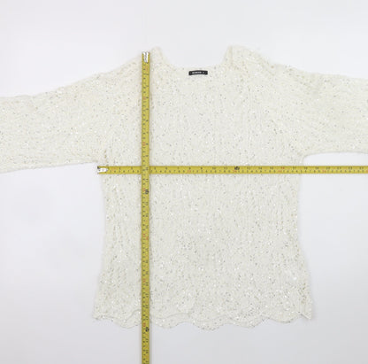 Roman Women Ivory Sequin Open-Knit 3/4 Sleeve Jumper Size 14