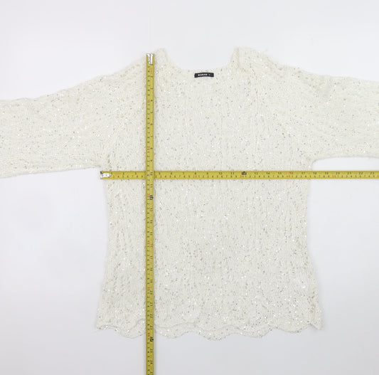 Roman Women Ivory Sequin Open-Knit 3/4 Sleeve Jumper Size 14