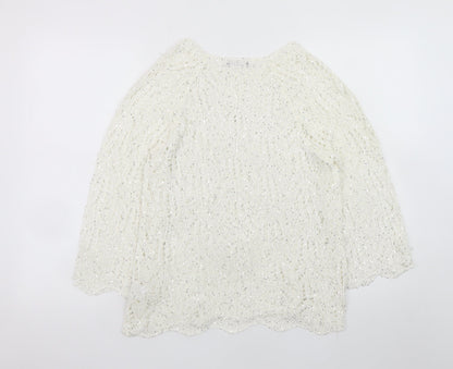 Roman Women Ivory Sequin Open-Knit 3/4 Sleeve Jumper Size 14