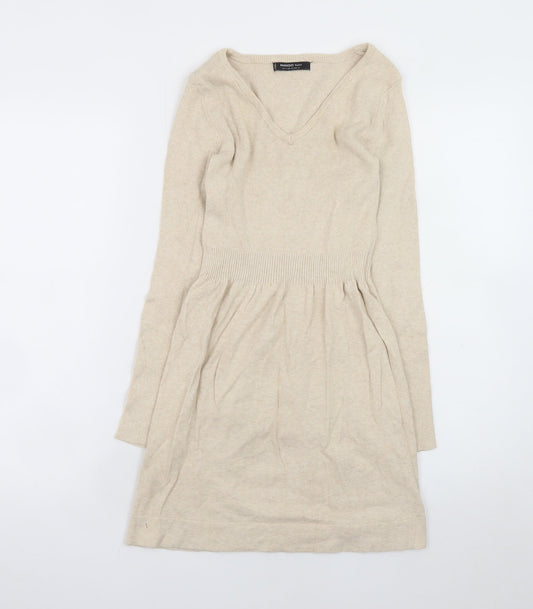 Mango Women Beige Wool Blend Fit & Flare Knit Dress Size S