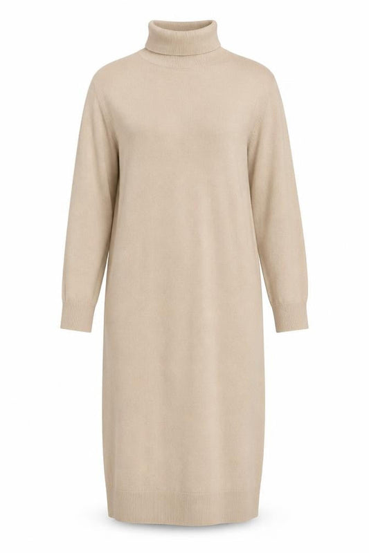 Front view of b.young Women’s Beige Roll Neck Midi Knit Sweater Dress M
