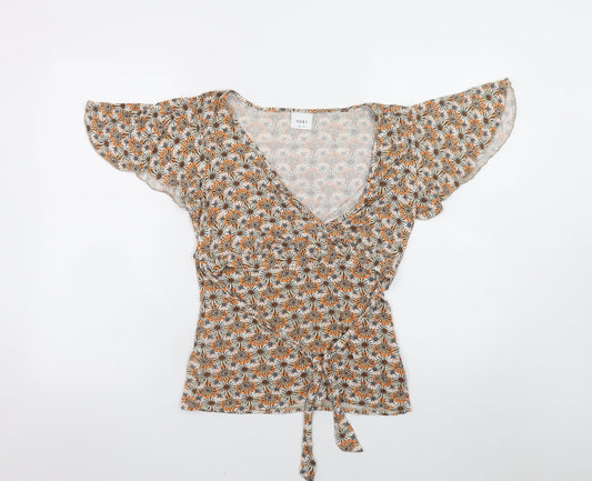 Next Women Orange Floral Wrap Blouse UK 10 V-Neck Flutter Sleeve